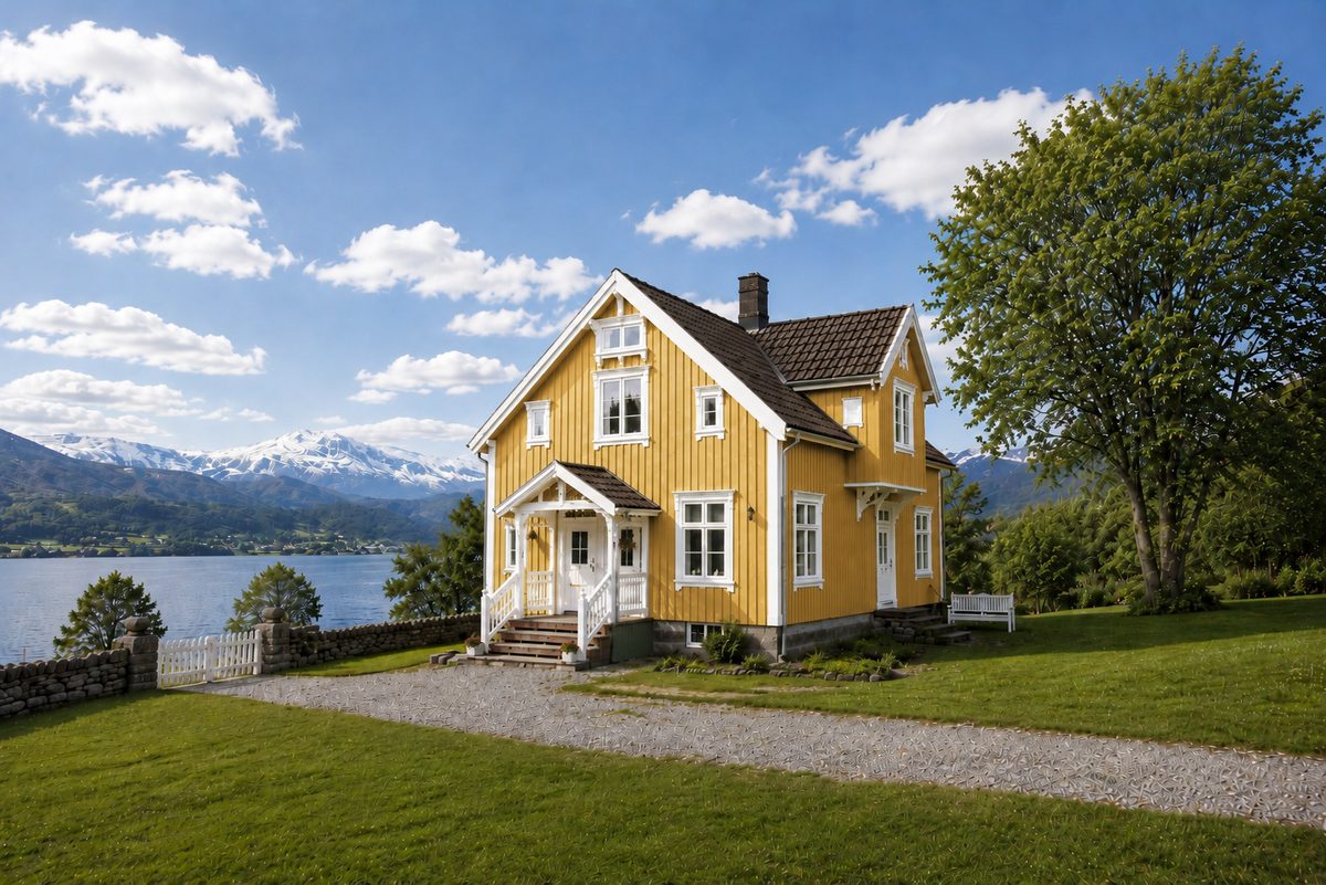 Eldre trehus ved en fjord, malt i den valgte fargen